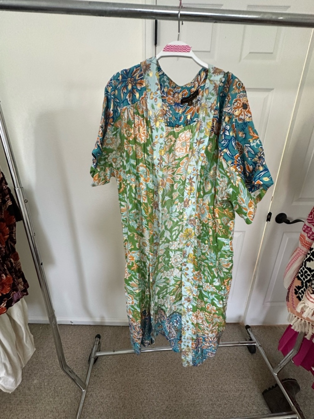 Current Air Turquoise Blue Orange Floral Duster with Gold Accents
